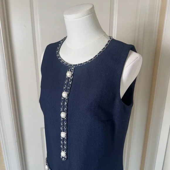 Karl Lagerfeld Paris Women's 6 Tweed Navy Dress with Pearl and Chain Detail - Picture 2 of 7